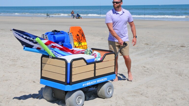 e-Beach Wagon motorized multi-terrain cart has a variable speed and hand-grip steering