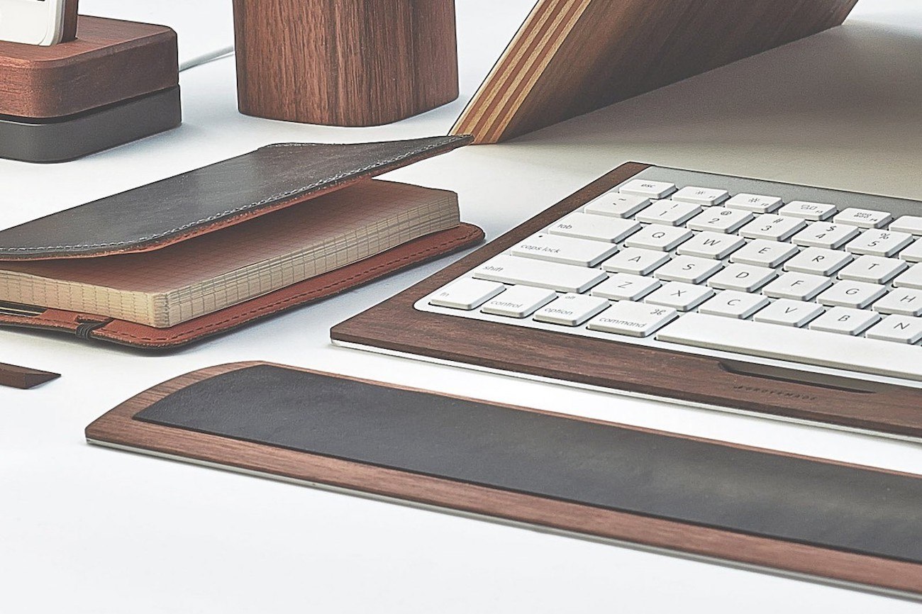 Grovemade Leather and Wood Keyboard Wrist Rest offers cushioning for comfy typing