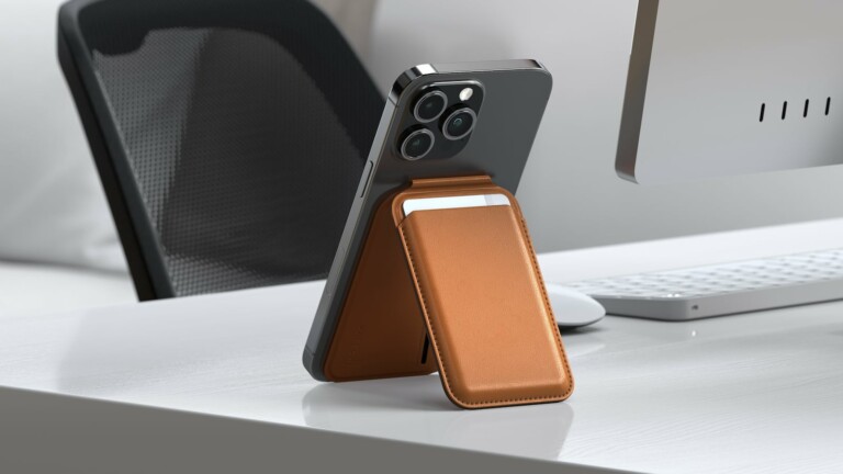 Satechi Vegan-Leather magnetic wallet stand for iPhone 15 holds cards and your phone