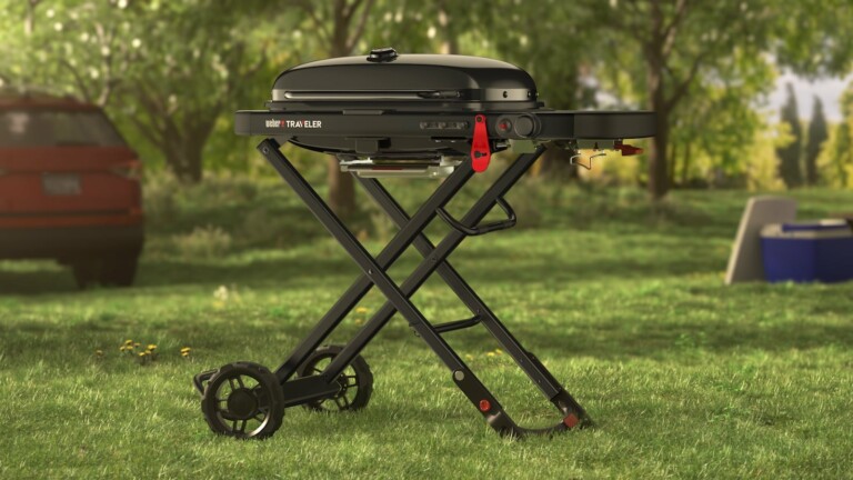 Weber Traveler Stealth Edition portable gas grill is compact for camping, tailgating, etc.